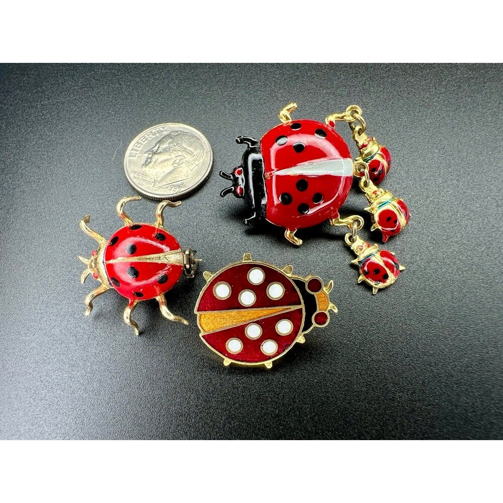 Vintage Red Enamel Ladybug Brooch Set (3) - Dangling Babies & Geometric Details